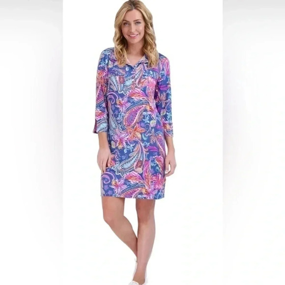 Stella Parker tropical UPF Button Up Collared Dress size Large NWOT - Picture 1 of 6